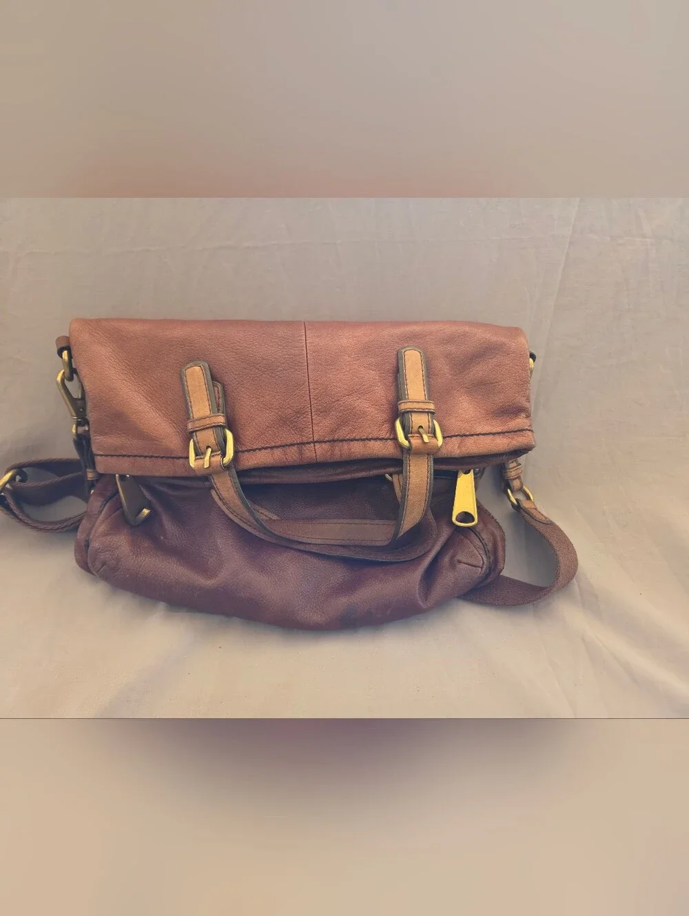 Brown Leather Messenger Bag with Brass Accents By Fossil